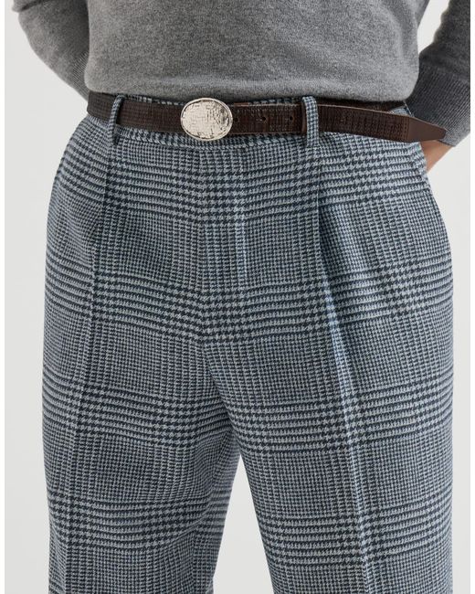 Brunello Cucinelli Blue Comfort Wool And Cashmere Prince Of Wales Flannel Trousers With Pleat for men