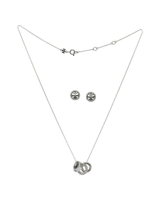 Tory Burch White Miller Embellished Chained Necklace Earrings Set