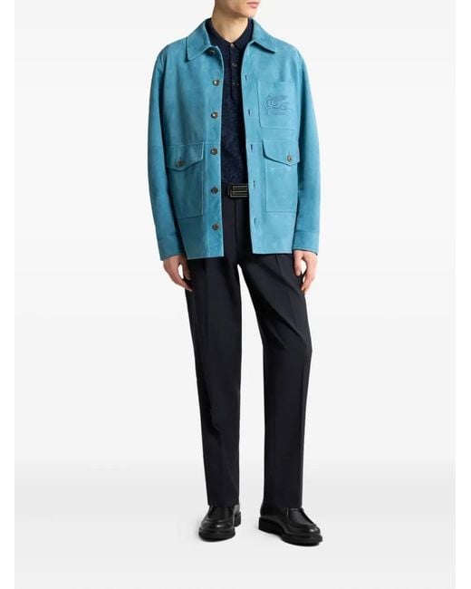 Etro Blue Suede Overshirt With Pegaso for men