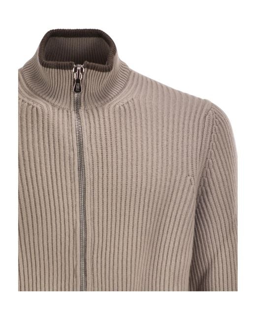 Fedeli Brown Ribbed Stand Collar Zip Cardigan for men