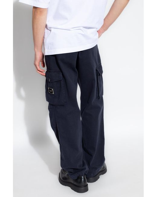 Dolce & Gabbana Blue Logo-Plaque Straight Leg Cargo Trousers for men