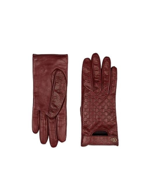 Gucci Red Gg Leather Gloves With Double G