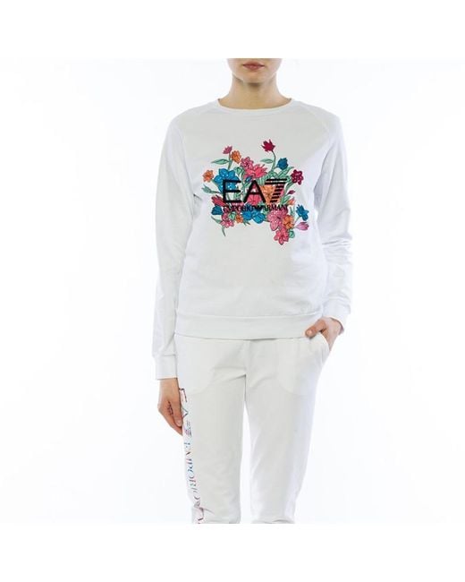 EA7 White Round-Collar Long-Sleeve Hoodie