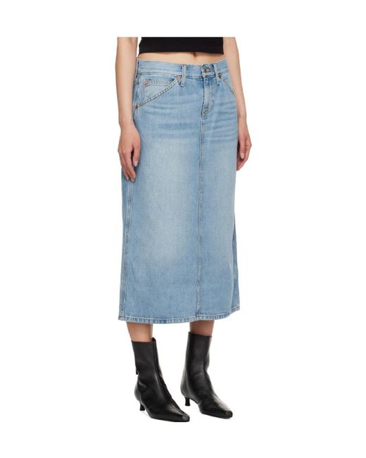 Re/done Blue Low Rider Midi Denim Skirt