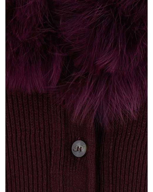 Blumarine Purple Faux Fur Trim Ribbed Cardigan