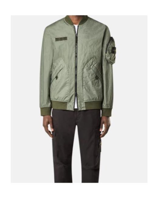 Stone Island Green Lightweight Crinkled Texture Bomber Jacket With Flap Pockets for men
