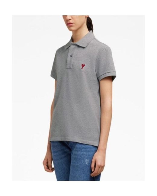 AMI Gray Logo Embroidered Short Sleeved Polo Shirt for men