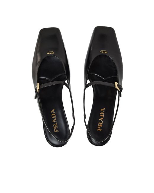 Prada Black Leather Square-Toe Backless Flats