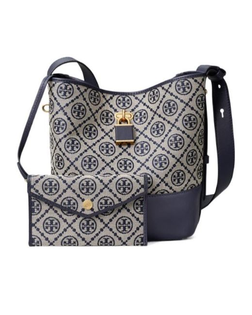 Tory Burch Blue T Monogram Leather-Trim Bucket Bag