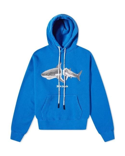 Palm Angels Blue Shark Logo Drawstring Hoodie for men