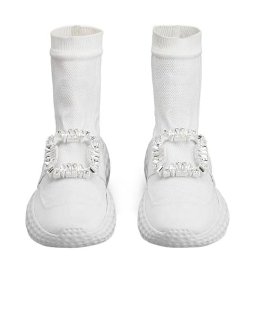 Roger Vivier White Viv' Run Light Socks Strass Buckle Ankle Boots