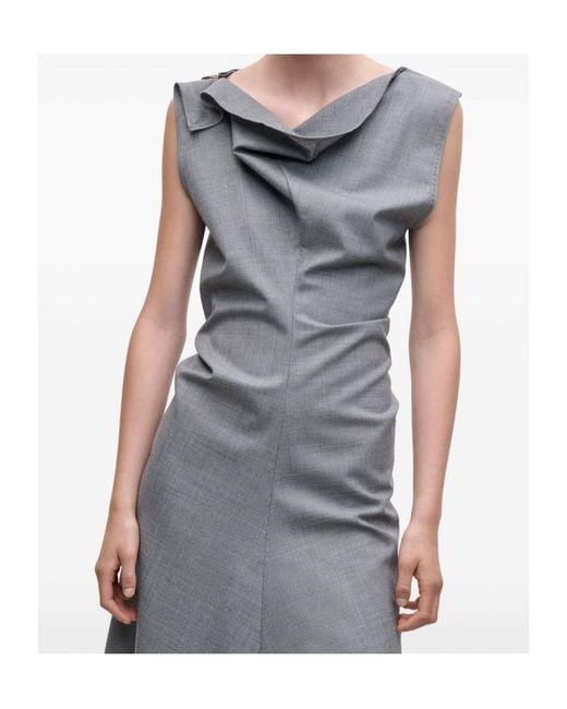 Victoria Beckham Gray Draped Asymmetric Hem Midi Dress