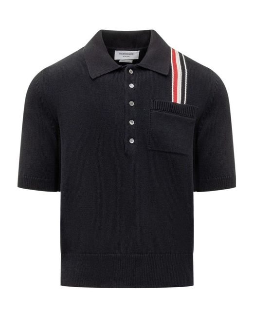 Thom Browne Black Rwb Stripe Straight Hem Knitted Polo Shirt for men