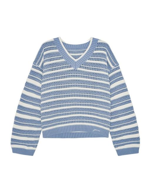 Ganni Blue Striped Cotton V-Neck Jumper