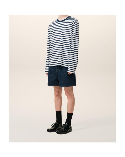 AMI Blue Long Sleeves Boxy Fit Mariniere Teeshirt With Ami De Coeur Patch for men