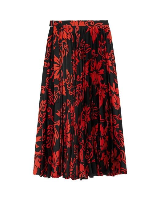 Sacai Red Pleated Floral-Print Satin Midi Skirt