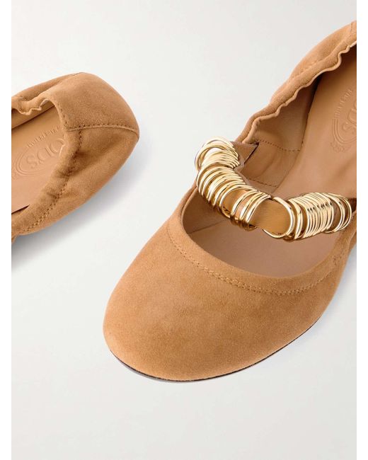 Tod's Natural Golden-Ring Detail Suede Ballet Flats