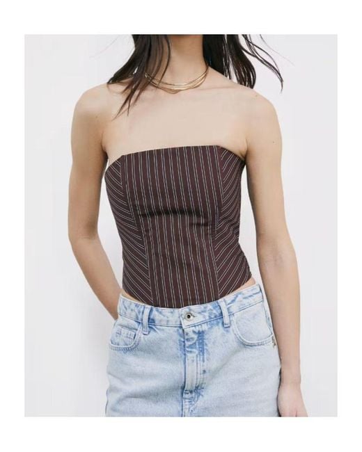 Patrizia Pepe Brown Shirred Pinstripe Bustier Top