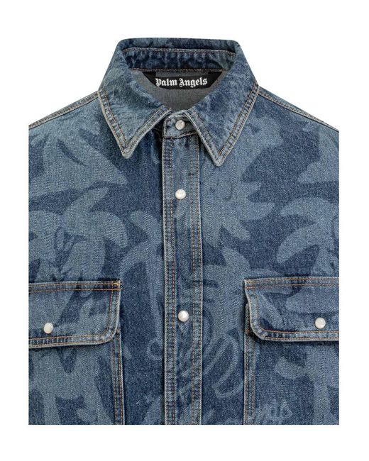 Palm Angels Blue Palmity Overshirt In Denim With Laser Print All-over for men