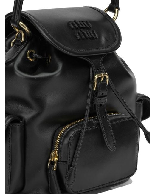 Miu Miu Black Logo-Embossed Calf Leather Backpack