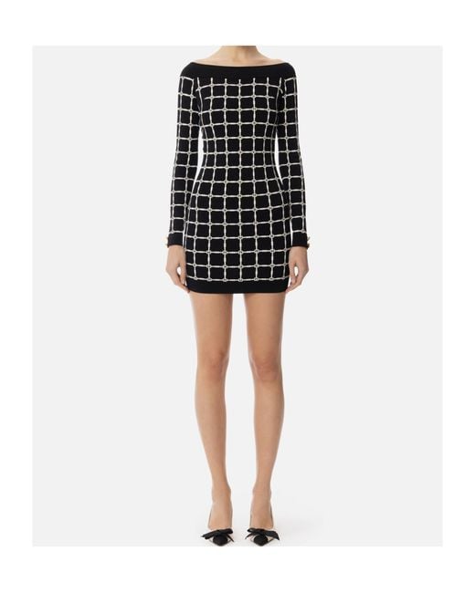 Elisabetta Franchi Blue Boat Neckline Logo Jacquard Dress