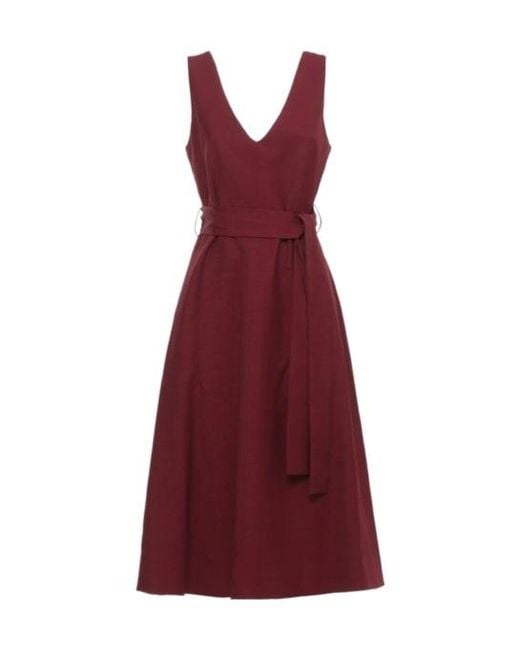 P.A.R.O.S.H. Red Bordeaux Viscose And Linen Midi Dress With Matching Belt