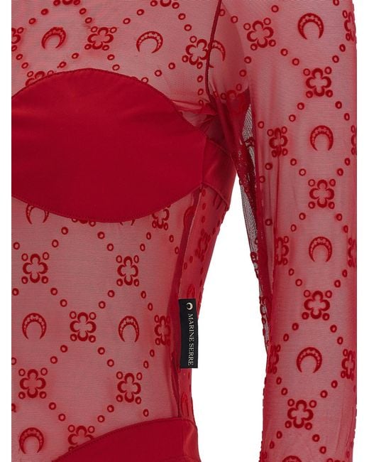 MARINE SERRE Red Monogram Mesh Flock Bodysuit Top
