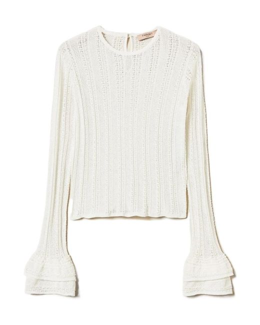Twinset White Ruffled Open-Knit Top