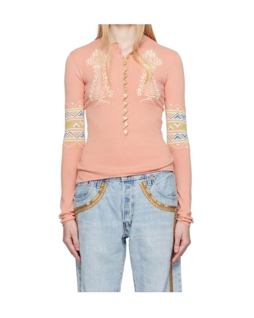 Conner Ives Blue Ribbed Knit Henley Sweater