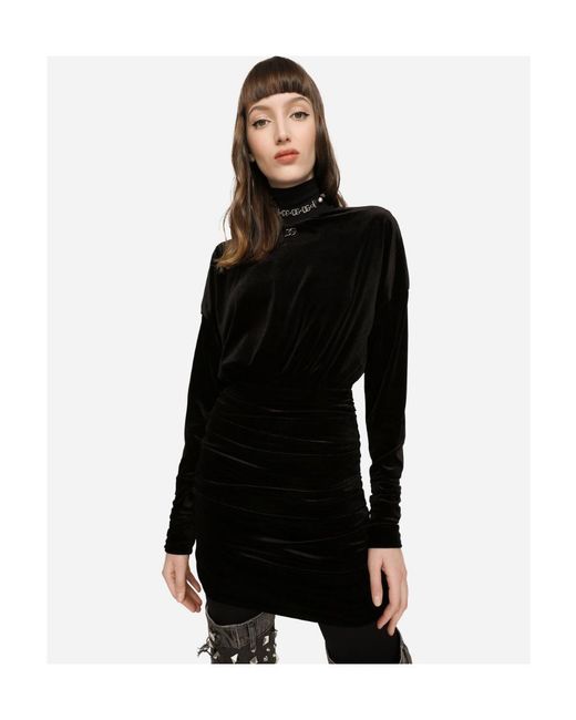 Dolce & Gabbana Black Logo-Plaque Ruched Mini Dress