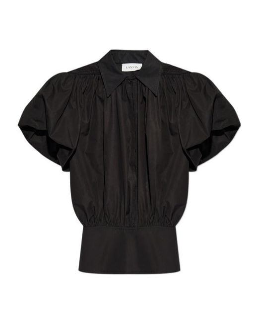 Lanvin Black Puff Sleeved Gathered Top