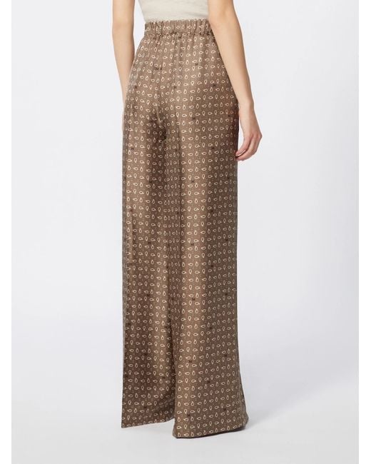Max Mara Brown Silk Twill Printed Wide-Leg Trousers
