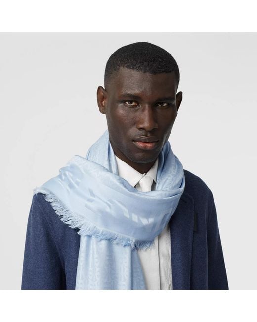 Burberry Blue Silk And Wool Blended Jacquard Scarf for men