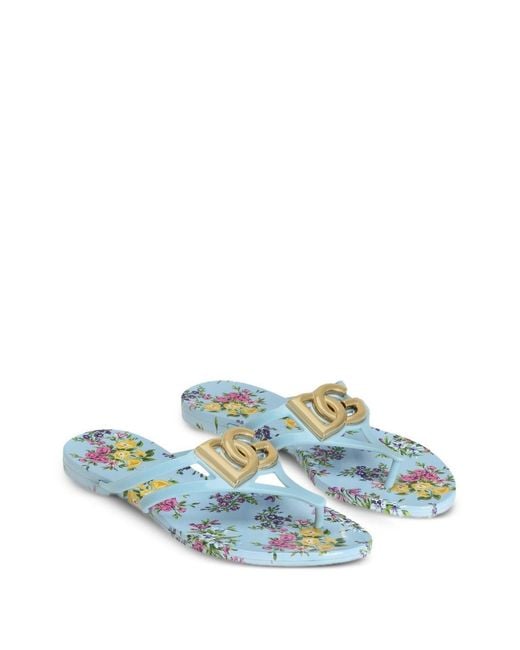 Dolce & Gabbana Blue Logo Floral Flip-Flops