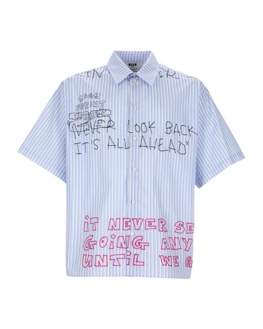 MSGM Blue Slogan Printed Striped Shirt for men