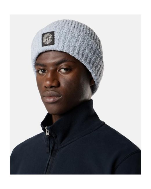 Stone Island Gray Ribbed Knit Beanie With Compass Logo Patch for men