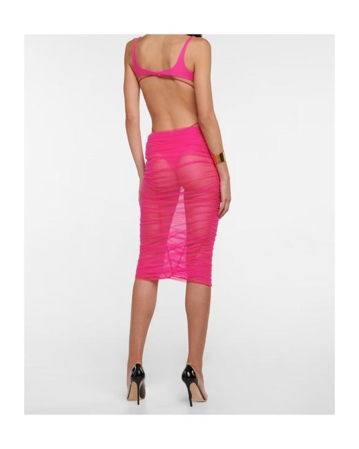 Mugler Pink Cutout Paneled Tulle Midi Dress