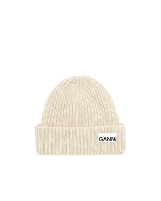 Ganni White Logo Patch Oversized Beanie