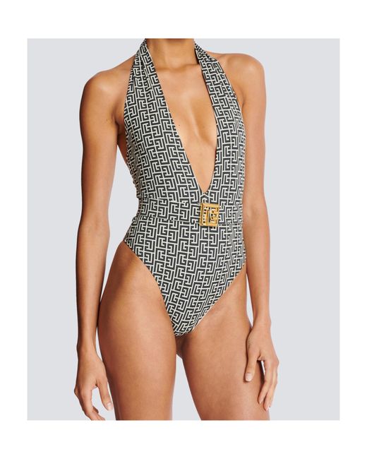 Balmain Black Pb Labyrinth-Print Swimsuit