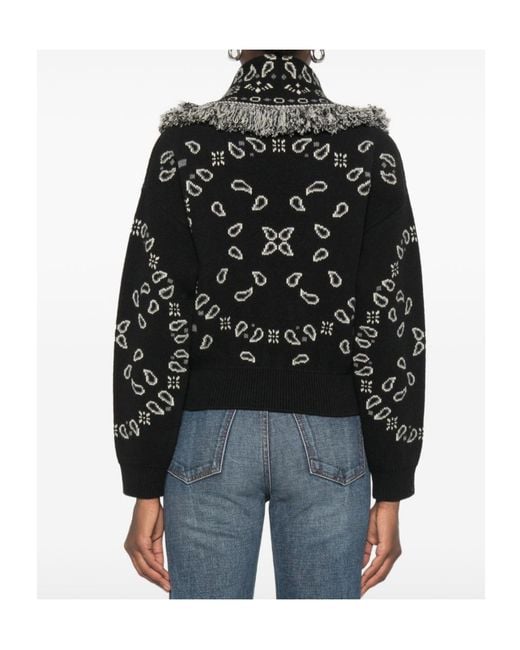 Alanui Black Paisley-Jacquard Fringed Cardigan