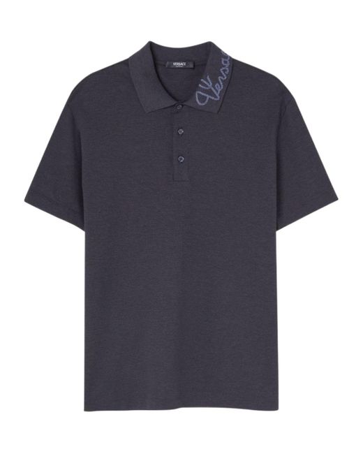 Versace Blue Logo-Embroidered Cotton Polo Shirt for men