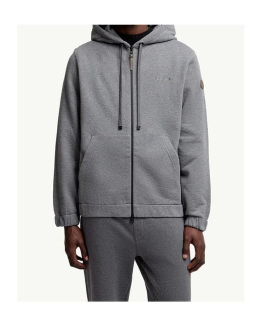 Moncler Gray Leather Logo Cotton Blend Zip-Up Hoodie for men