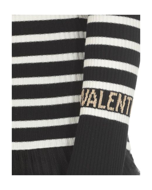 RED Valentino Black Round-Neck Long-Sleeved Striped Sweater