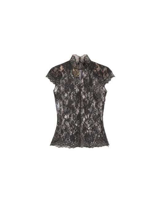 Valentino Black Floral Lace Short-Sleeved Top