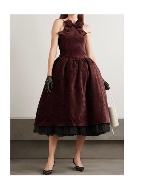 ShuShu/Tong Purple Bow-Embellished Crushed-Velvet Midi Dress