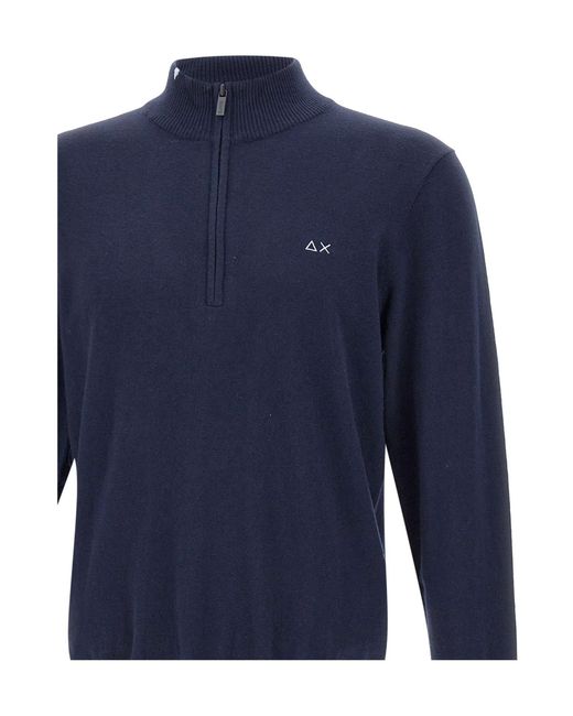 Sun 68 Blue Half Zip High Collar Sweater for men