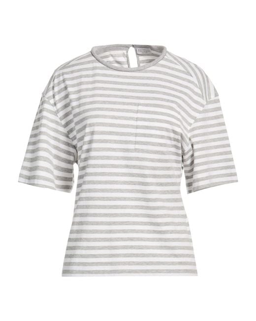 Brunello Cucinelli White Striped Printed Short-Sleeve T-Shirt
