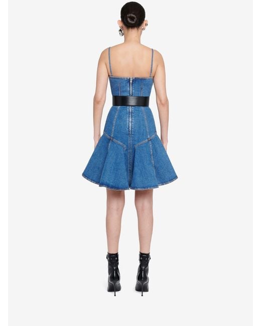 McQueen Blue Spaghetti Strap Denim Mini Dress