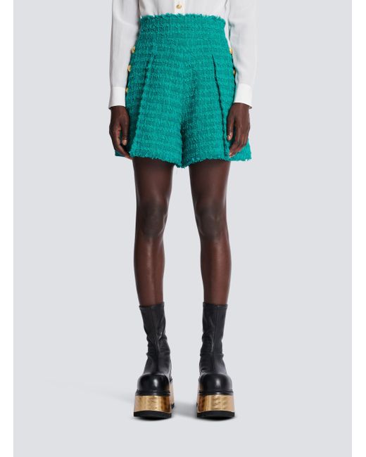 Balmain Green Buttoned Tweed Shorts