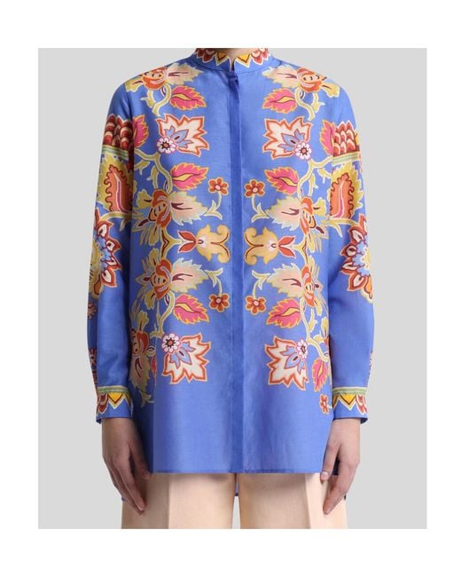 Etro Blue Cotton And Silk Shirt With Print